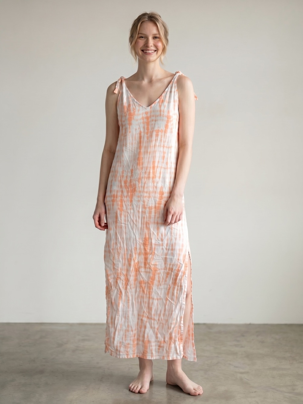 Roxy Peach White Tie Dye Midi Dress Beach Cover Up Side Slit Tie Straps